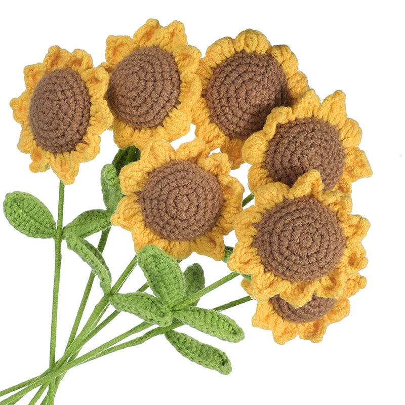 7 Pcs Crochet Flower Handmade Knitted Small Potted Sunflower with Stem Orange Sunflower