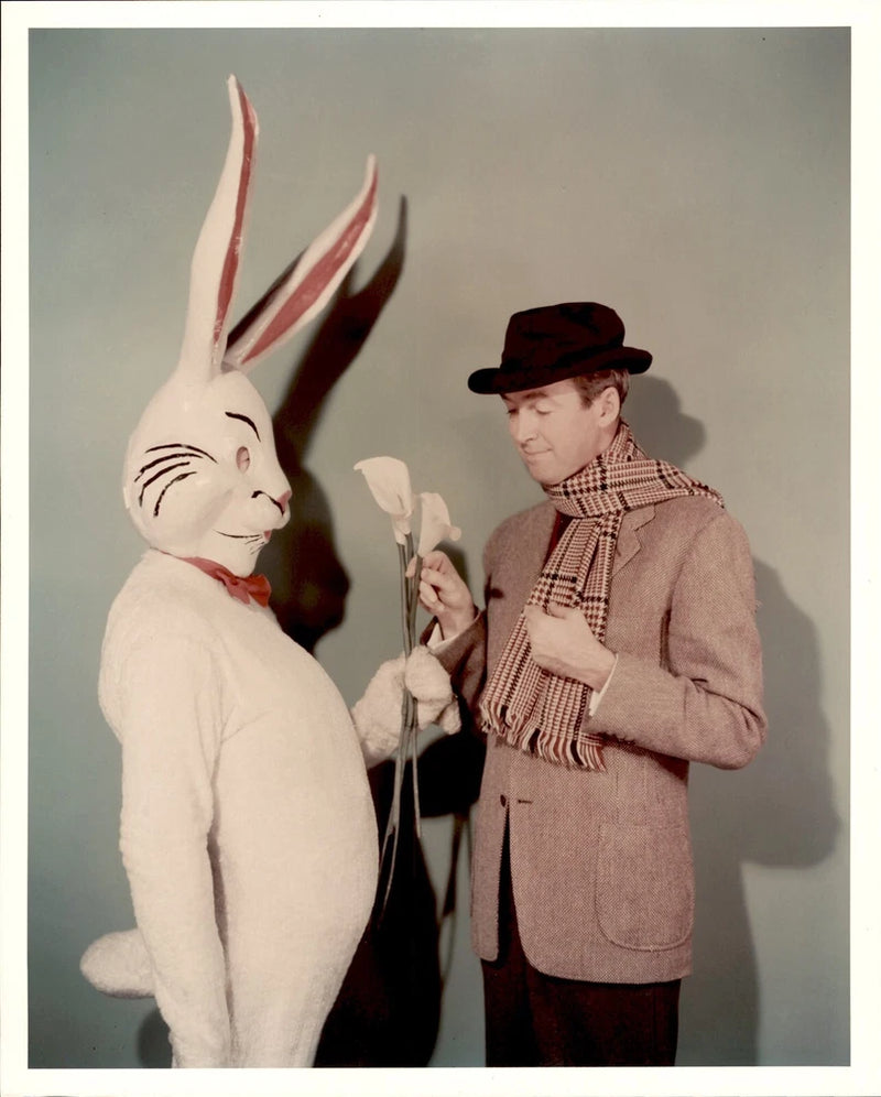 Rare vintage color photo of a dressed rabbit mascot and a man holding flowers