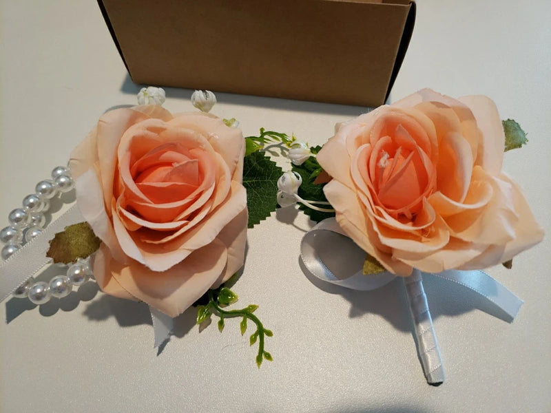 Wrist corsage and boutonniere set Peach New Bouquet