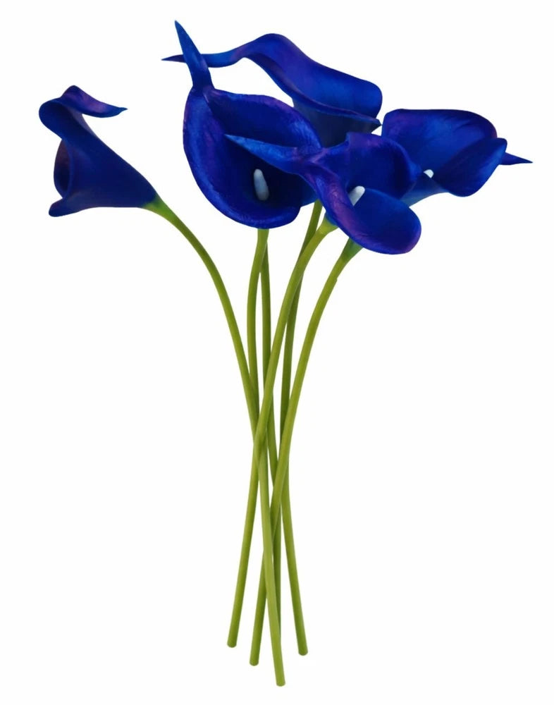 Cobalt blue artificial calla lily flower bunch with five blooms and green stems
