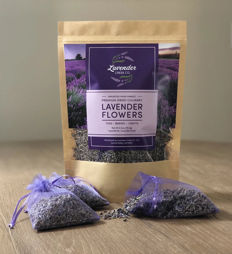 Dried lavender flower buds, bundled in a kraft pouch with three small sachets