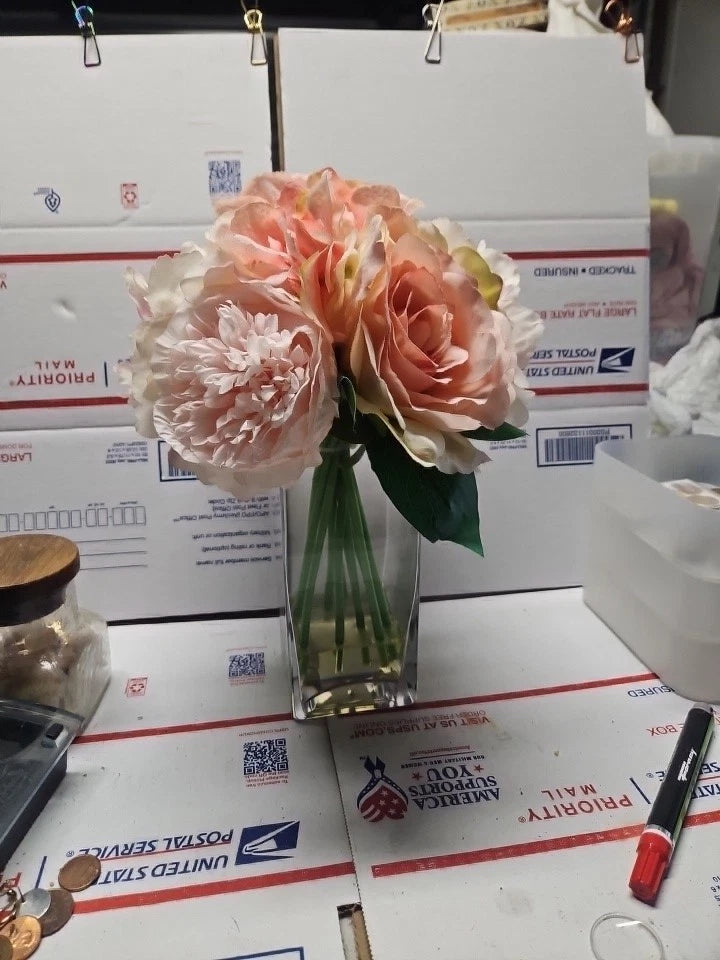 Silk Pink Real Touch Roses and  White Hydrangeas in a Cube Glass Vase Hydrangea