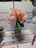 Silk Pink Real Touch Roses and  White Hydrangeas in a Cube Glass Vase Hydrangea