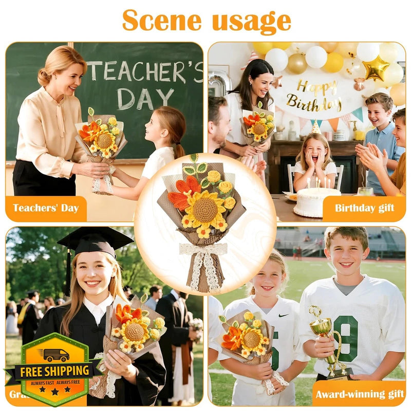 Handmade crochet sunflower bouquet with gift card, wrapped ribbon and lace detail