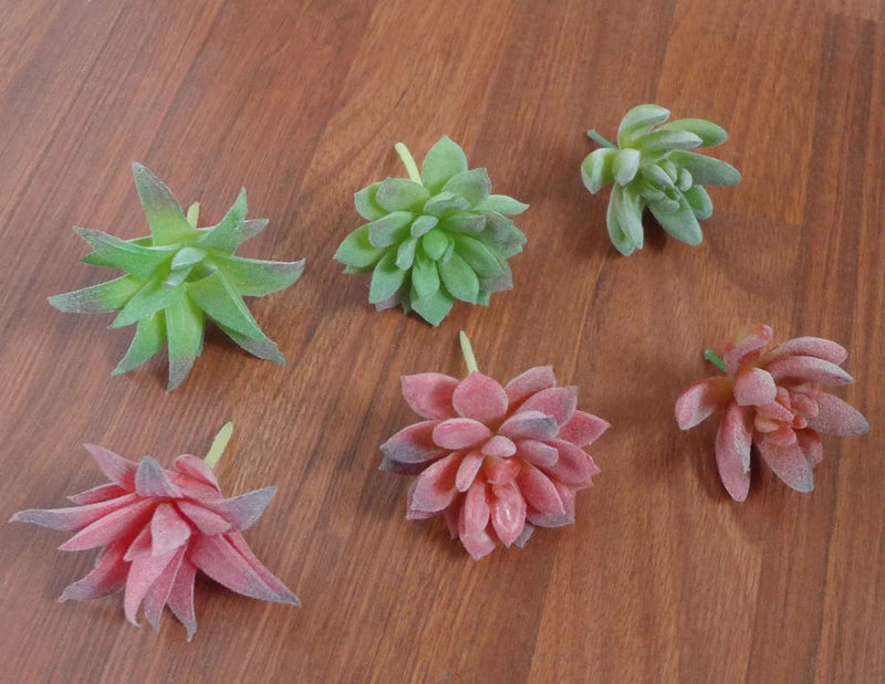 Set of 6 artificial mini succulent plants in green and pink flocked leaves