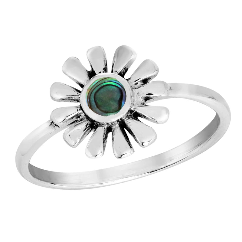 Sterling silver band ring with abalone round center and sunflower flower top