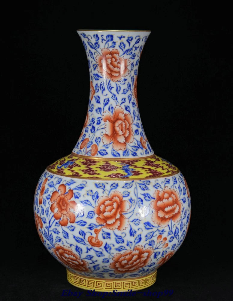 Blue, white and red peony porcelain bottle vase with wide body and narrow neck