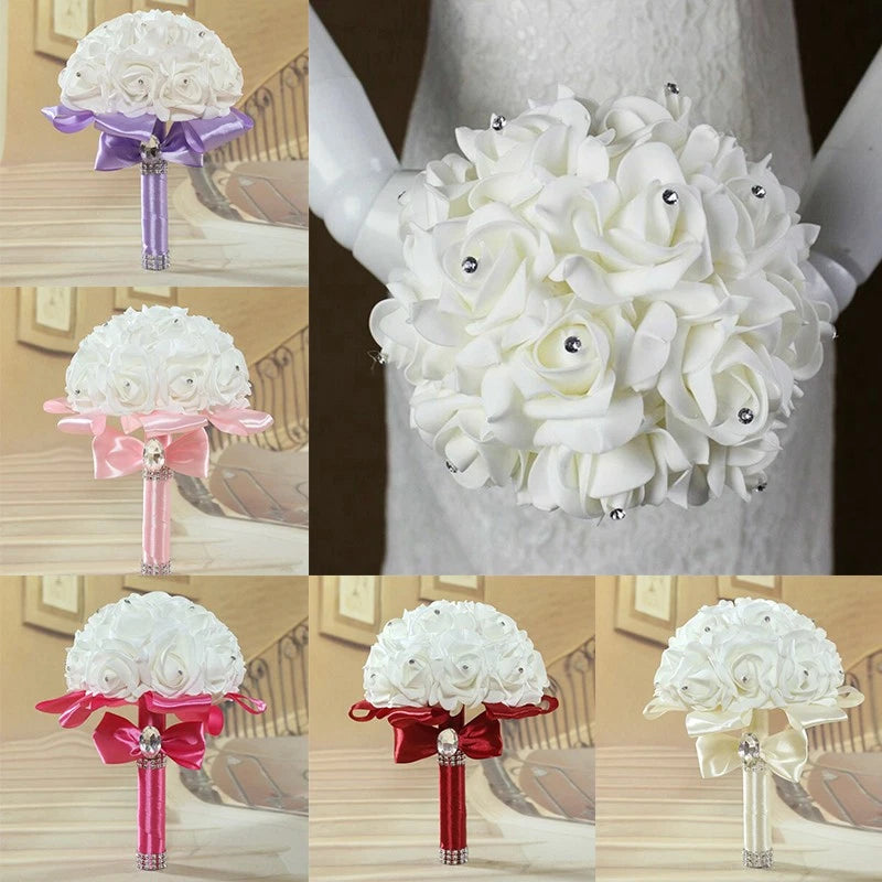 Wedding Bouquet Flowers White Holding Artificial Ribbon Bride Rhinestones Bridal Bouquet