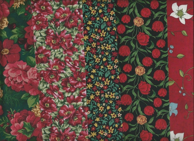 Red Florals, Set of 5 Fat Quarters, Quilt Fabric Flowering Plants