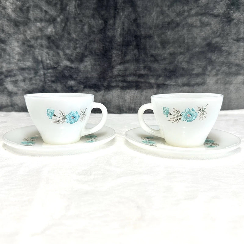 Fire King milk glass tea cups with saucers, white with blue floral print