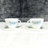 Fire King Milk Glass Tea Cups & Saucers Bonnie Blue Carnation Coffee MCM Set Carnation
