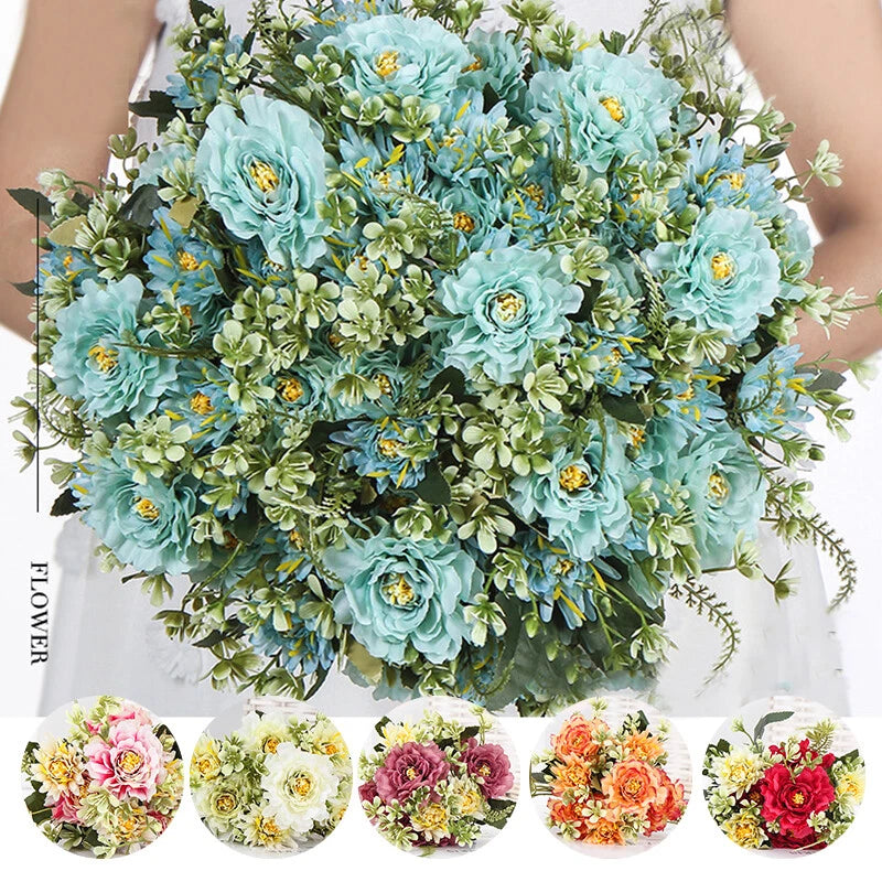 Artificial peony bouquet with light blue blooms and green filler leaves, tied stems