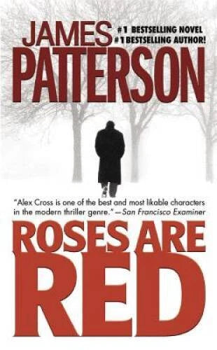 Paperback book, Roses Are Red by James Patterson, red and black cover with silhouette.
