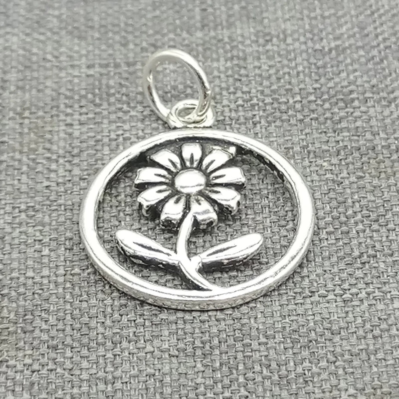 2 Sterling Silver Circle Daisy Charms 925 Silver Sun Flower Pendant for Necklace Sunflower