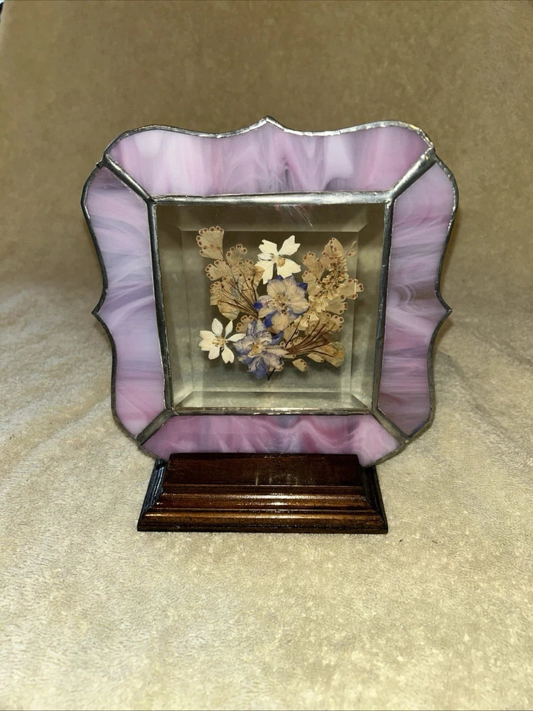 Stained glass pressed flower decoration with purple border and dried flower artwork