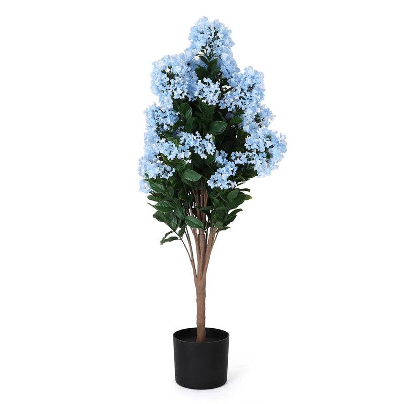 Artificial hydrangea plant with blue flower heads, green leaves, and short stems in pot