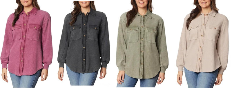 Waffle knit button-front long sleeve shirt with chest pockets, relaxed fit