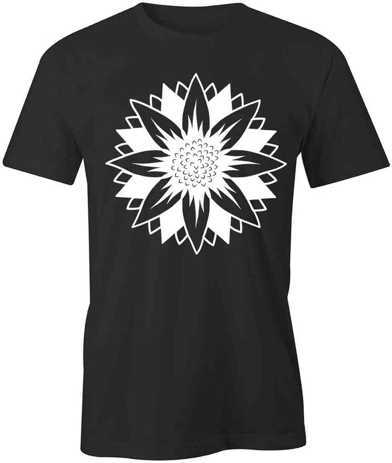 Black short-sleeve cotton T-shirt with large white daisy-style flower graphic