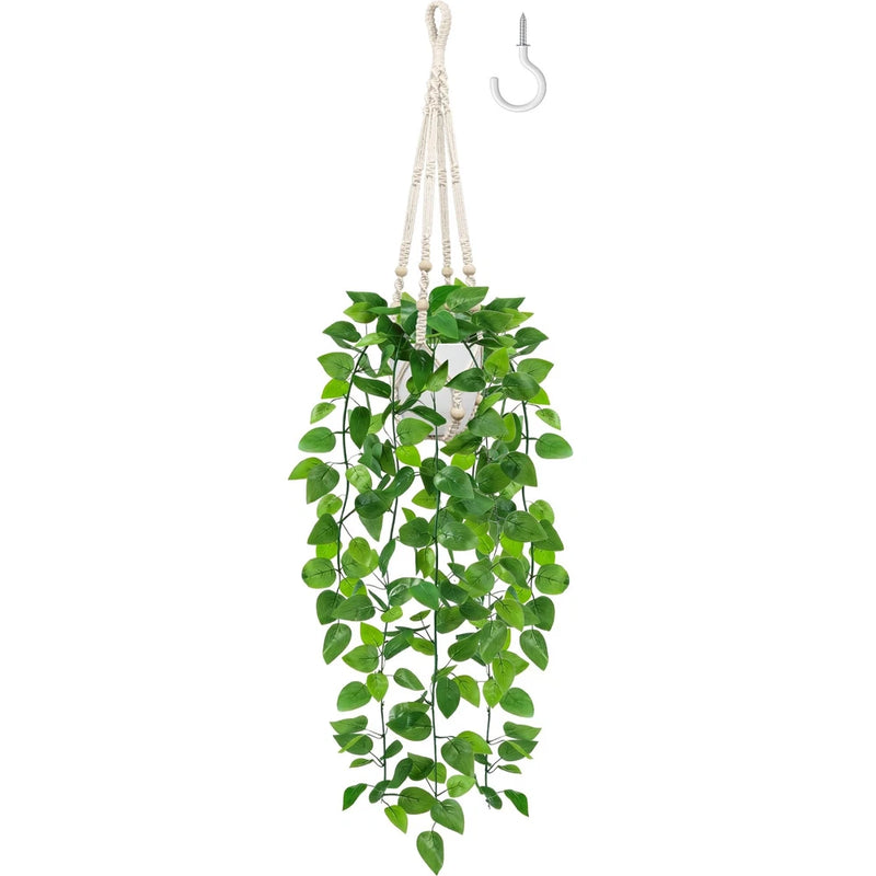 Fake Hanging Plant, Artificial Pothos Vines Greenery with Pot and Macrame Pla... Green Plant