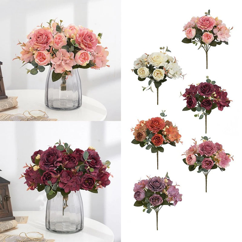 Artificial silk peony flower bouquet bunch with pink and burgundy blooms, decorative stems