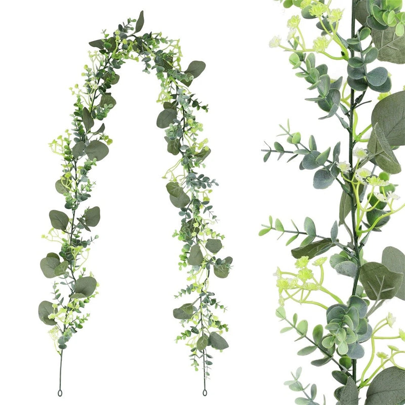 Artificial eucalyptus leaf garland, hanging strand of green leaves with trailing stems