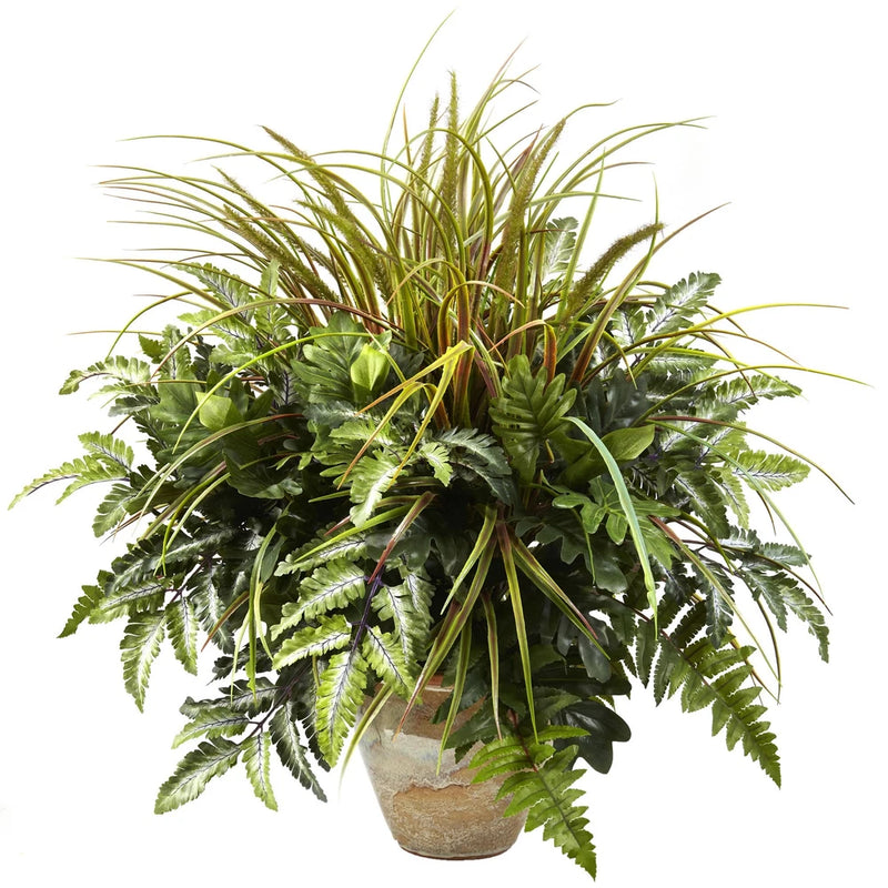 28" Mixed Greens & Grass Artificial Plant in Ceramic Planter Pot Home Decor Green Plant