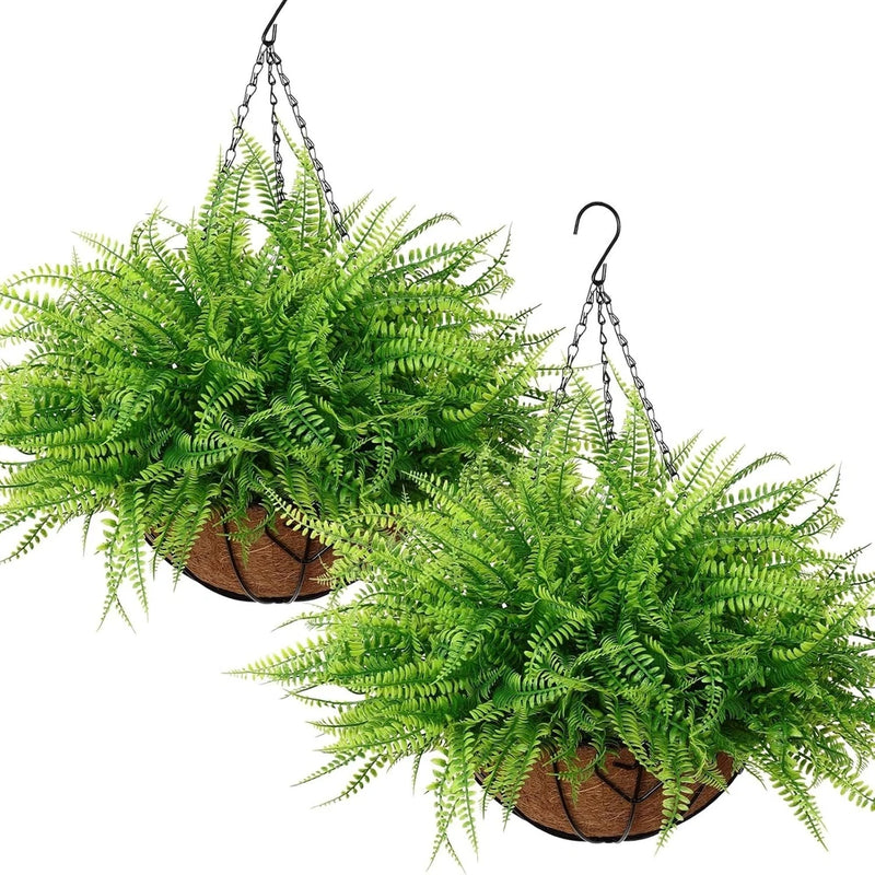 Set of 2 artificial hanging fern plants with brown wicker baskets and green fronds