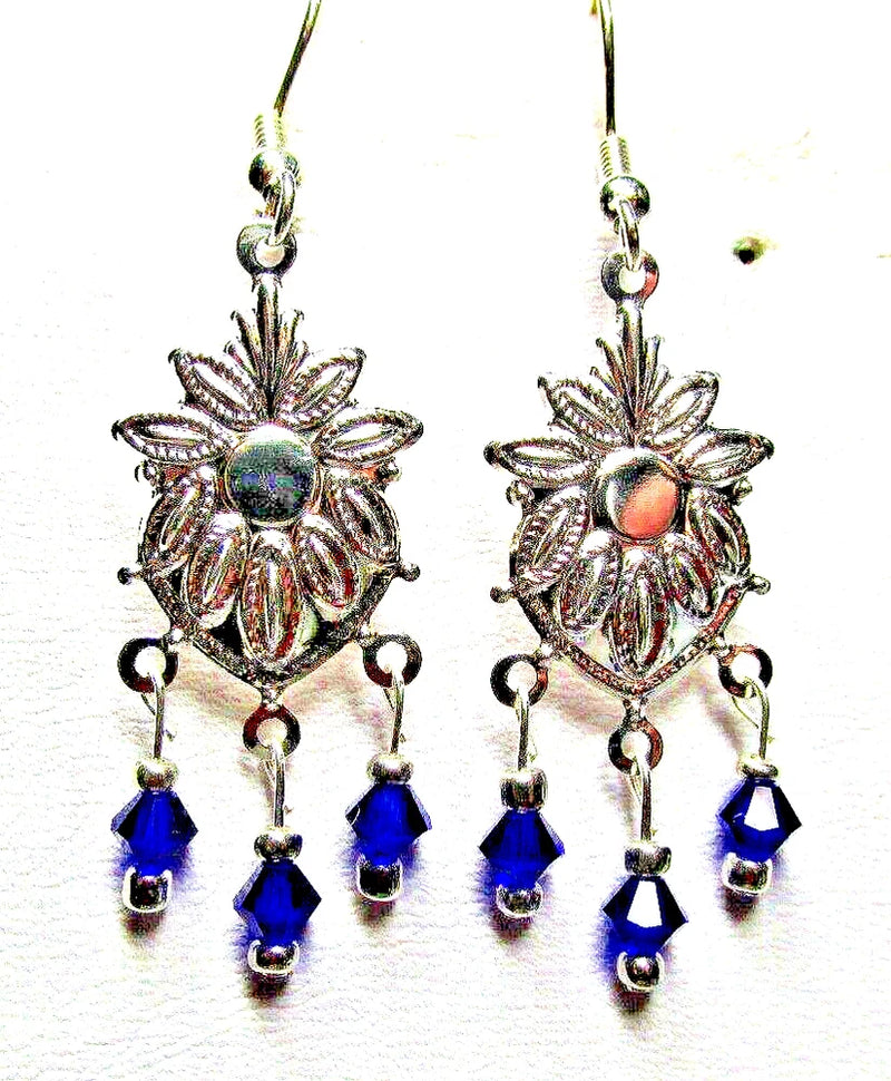 Silver-tone sunflower chandelier pierced earrings with cobalt blue crystal drops