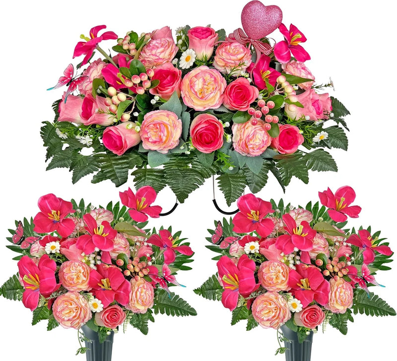 Elegant Artificial Flower Bouquet with Vase for Tombstone - Pink Tulips & Ranunc Ranunculus