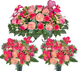 Elegant Artificial Flower Bouquet with Vase for Tombstone - Pink Tulips & Ranunc Ranunculus