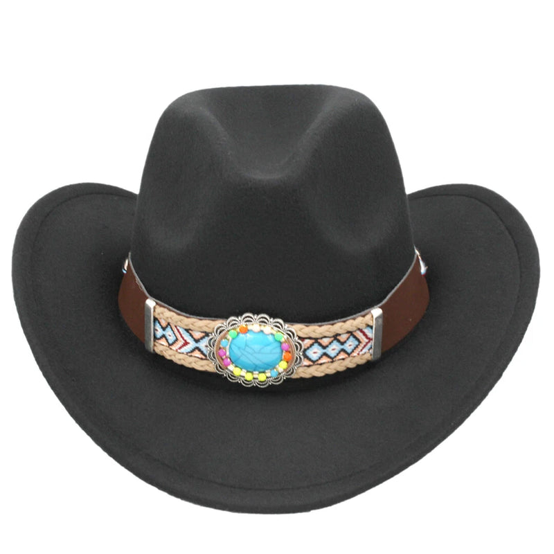 Kids western cowboy hat, dark felt with wide belt and colorful oval turquoise buckle