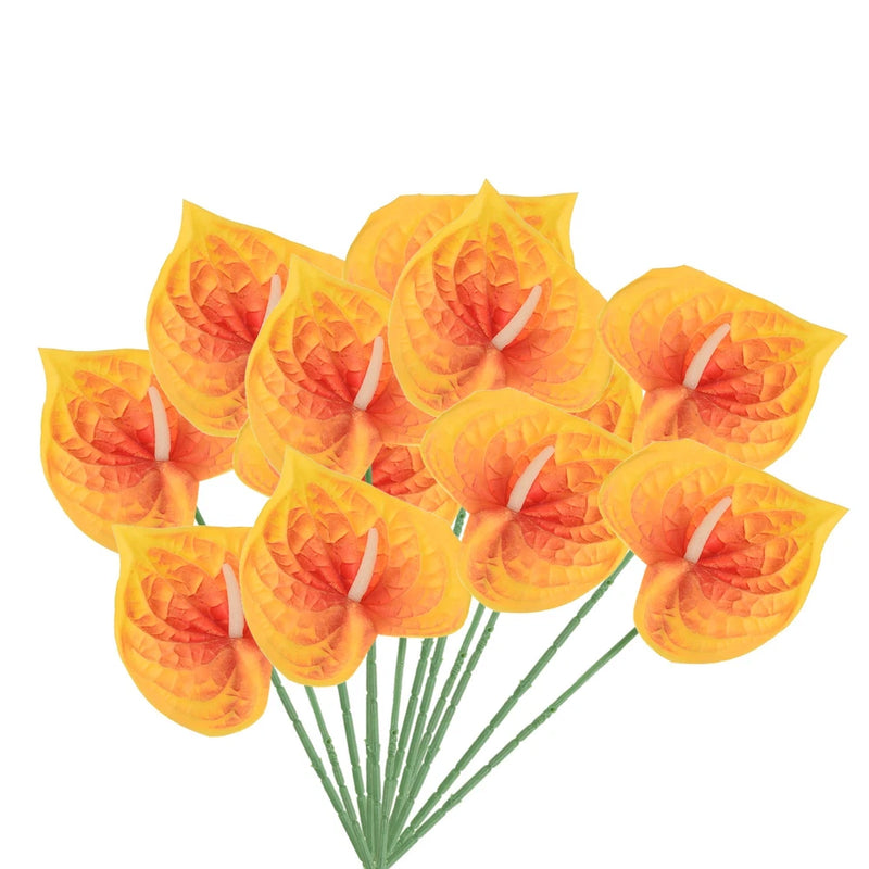 Artificial bouquet of dark orange anthurium lily flowers with green stems