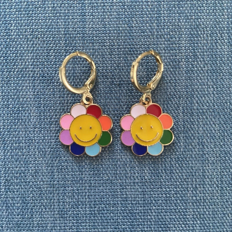 Gold Huggie Hoop Earrings with Rainbow Sunflower Charm Sunflower