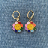 Gold Huggie Hoop Earrings with Rainbow Sunflower Charm Sunflower