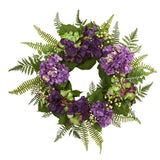 24" Purple Hydrangea Berry Wreath Nearly Natural Dark Purple Lush Green Beauty Hydrangea