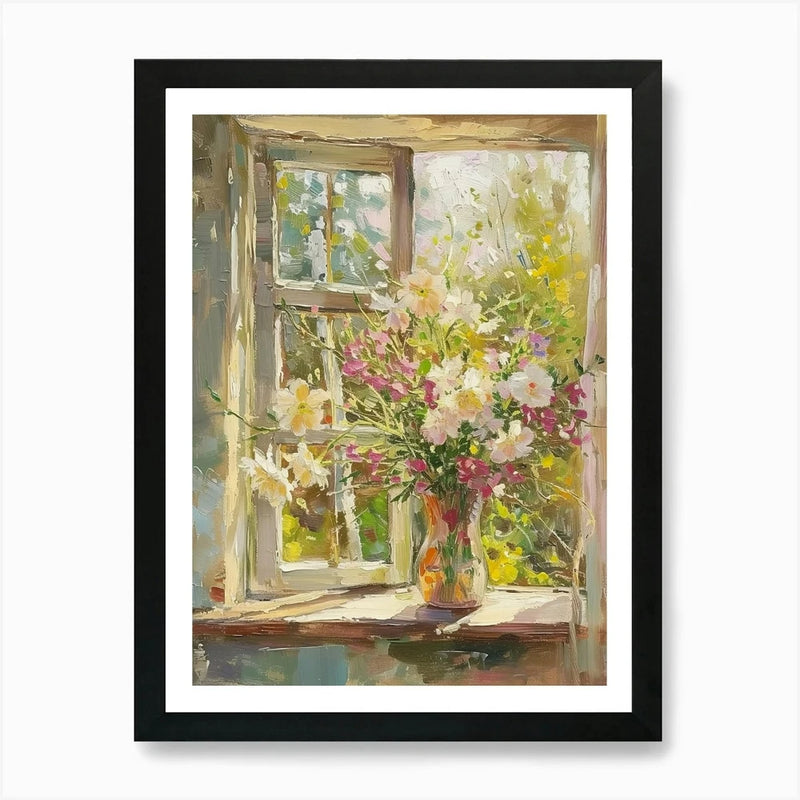 Framed canvas wall art with window scene and pink and white carnation flowers in a vase