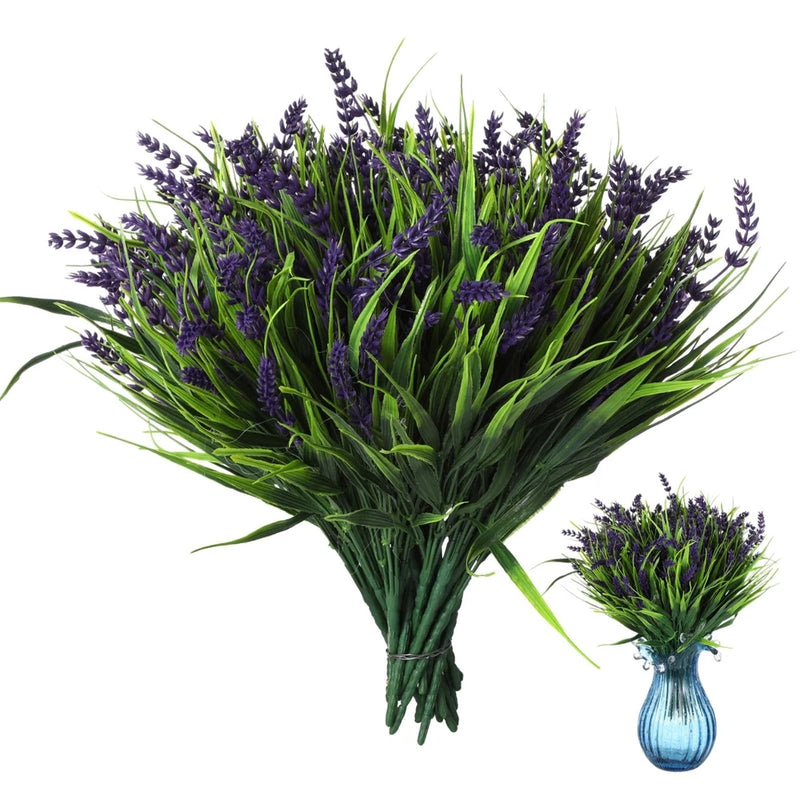 24 Bundles Artificial Lavender Plants Fake Grass Outdoor, 14.2" Faux Plastic ... Green Plant