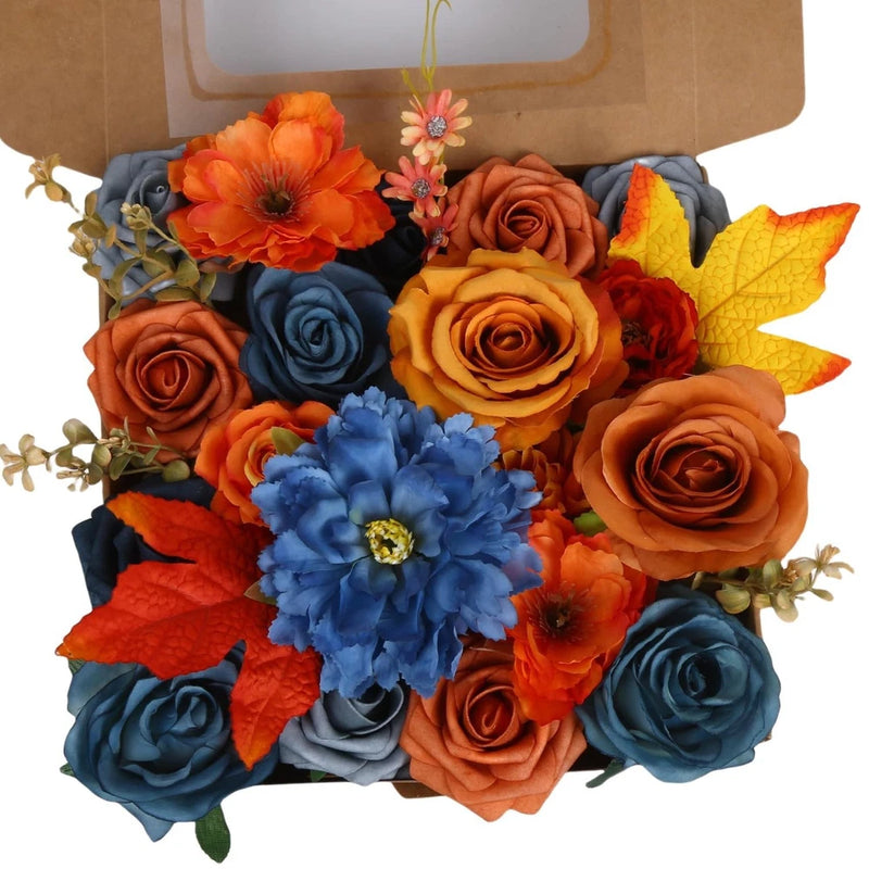 Assorted artificial silk flowers bouquet with orange, blue, and rose blooms, with stems