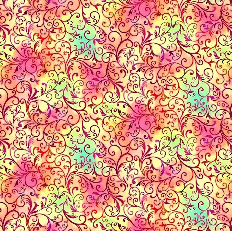 Quilting Treasures - Rainbow Iris - Scrolls - Pink, Fabric BTY Flowering Plants