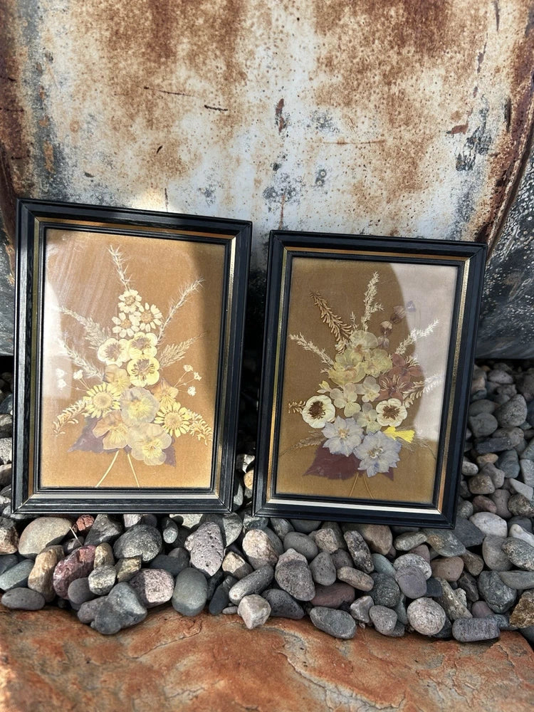 Set of 2 framed glass pressed flower artworks, dark metal frames with white blooms.