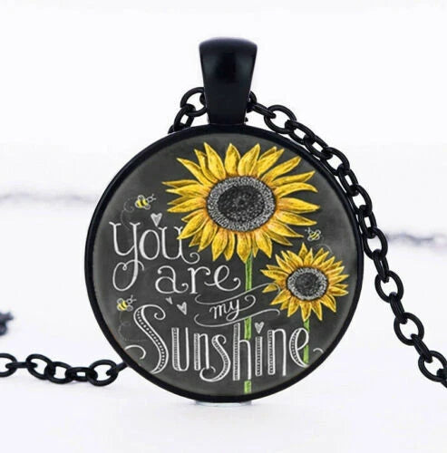 You My Sunshine Sunflower Black Large Charm Pendant 20" Necklace Men Women Gift Sunflower