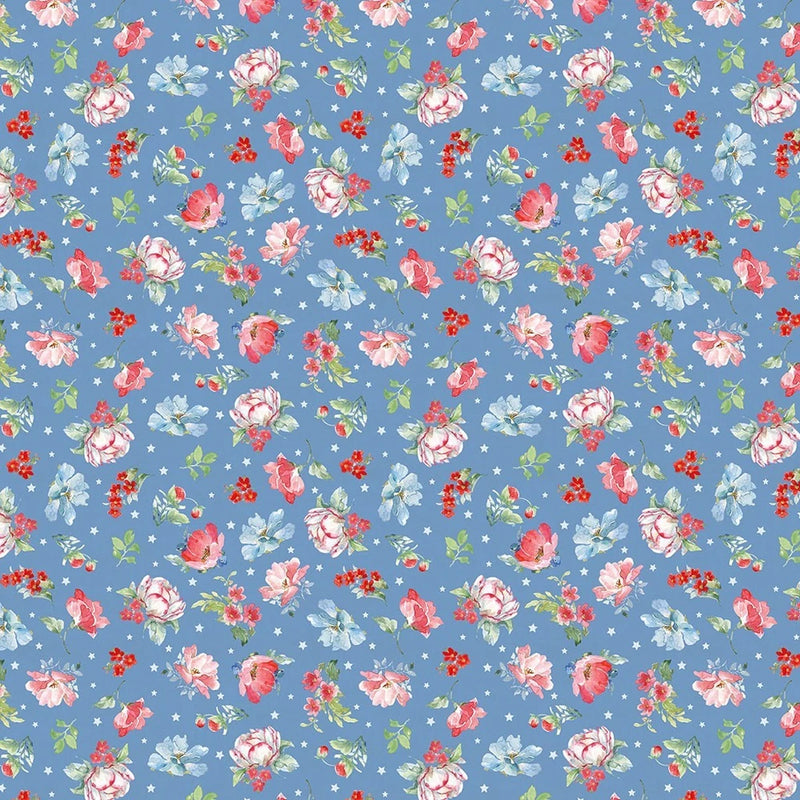Americana Medium Floral Y4774-88 Denim 4th July Picnic Fabric Beth Grove Flowering Plants