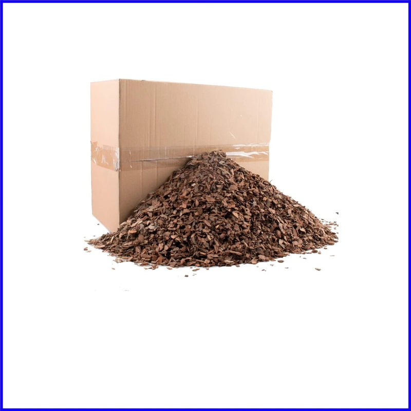Organic orchid potting bark mulch in open bag, natural brown wood chips