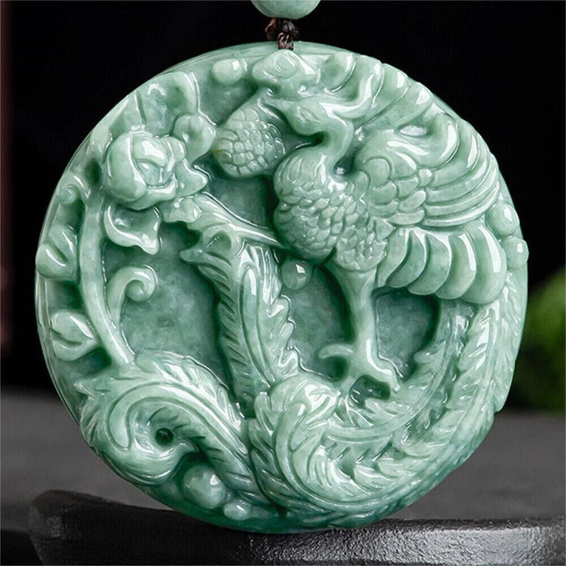 New Grade A Jade Natural Green Jadeite Lucky Peony Flower Phoenix Carved Pendant Peony