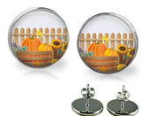 Fall Pumpkins & Sunflowers Glass Top Earrings Handcrafted Jewelry 2 Sizes Sunflower