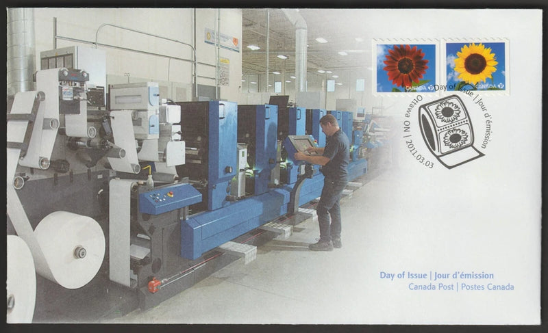 Sunflower First Day Cover envelope with Canadian Post cancellation mark and two stamps