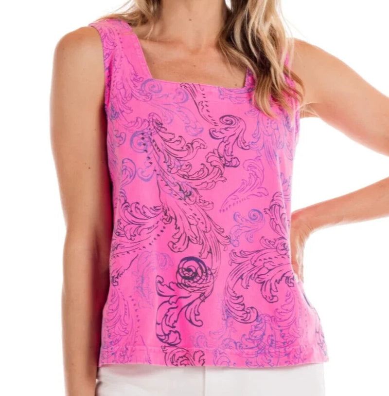 Pink cotton boxy tank top with square neckline and dark swirl print