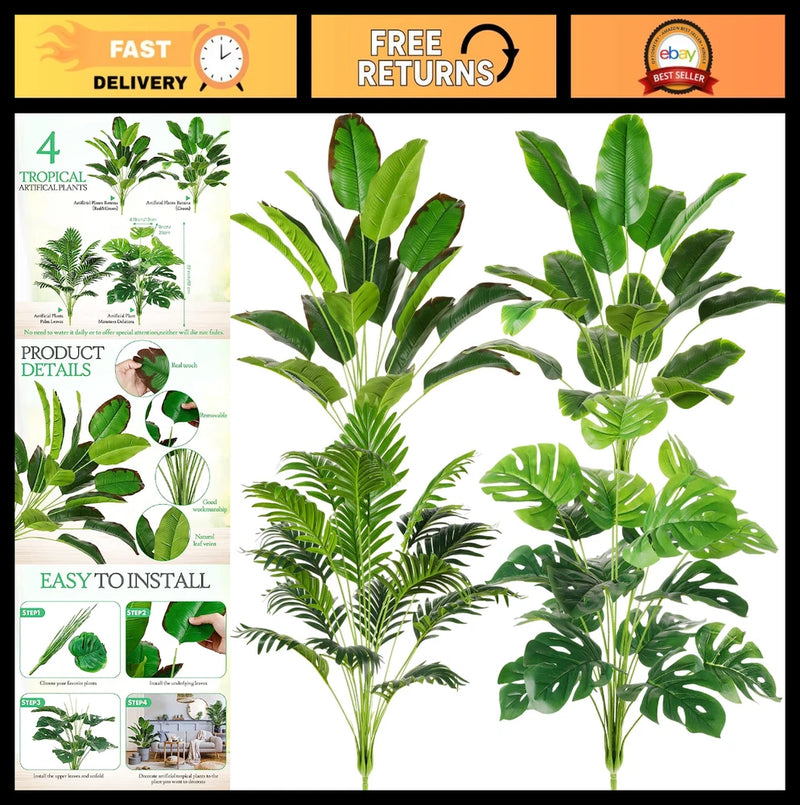 4 Pcs Tall Artificial Plants - 32" Faux Tropical Palm, Banana, Monstera & Taro L Green Plant