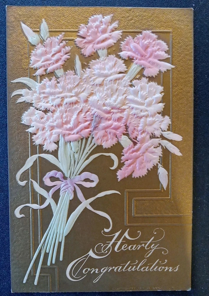 Postcard Hearty Congratulations Embossed Bouquet Carnations Flowers Gold C1909 Carnation