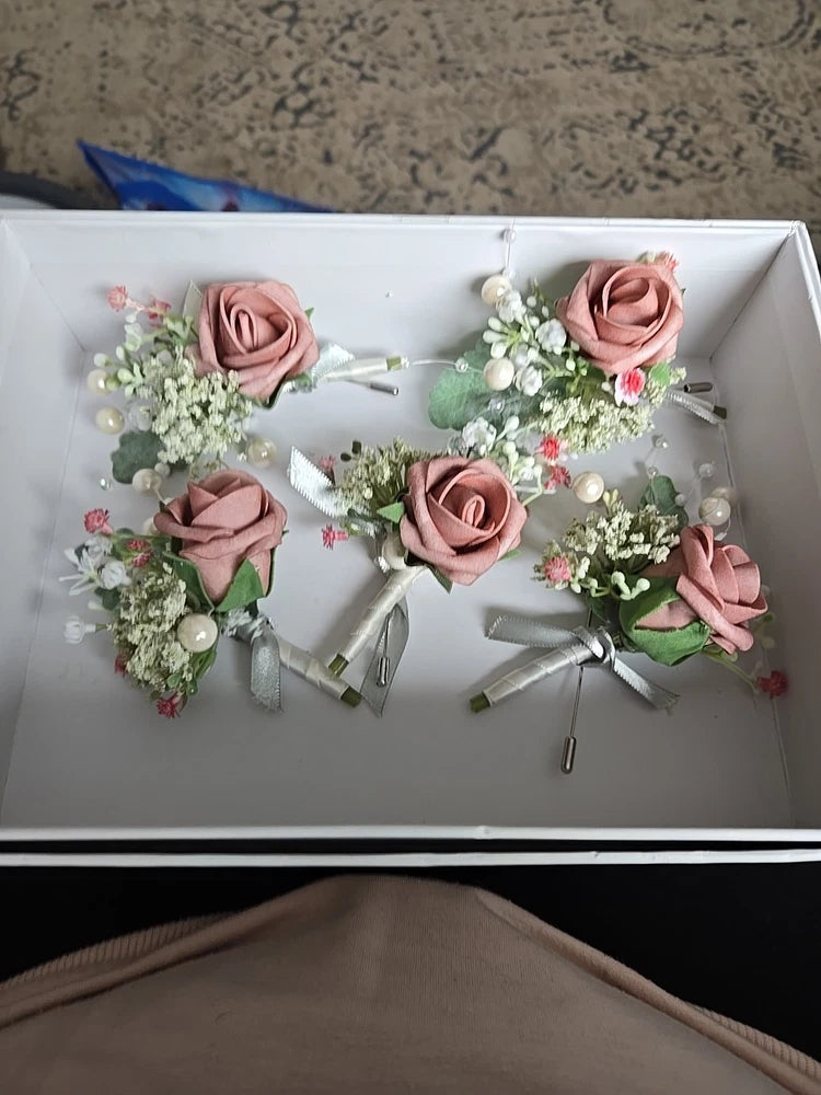 LingÕs Moment Wedding Flowers Roses & Pearls 5 Boutineers 1 Wrist Corsage Bouquet